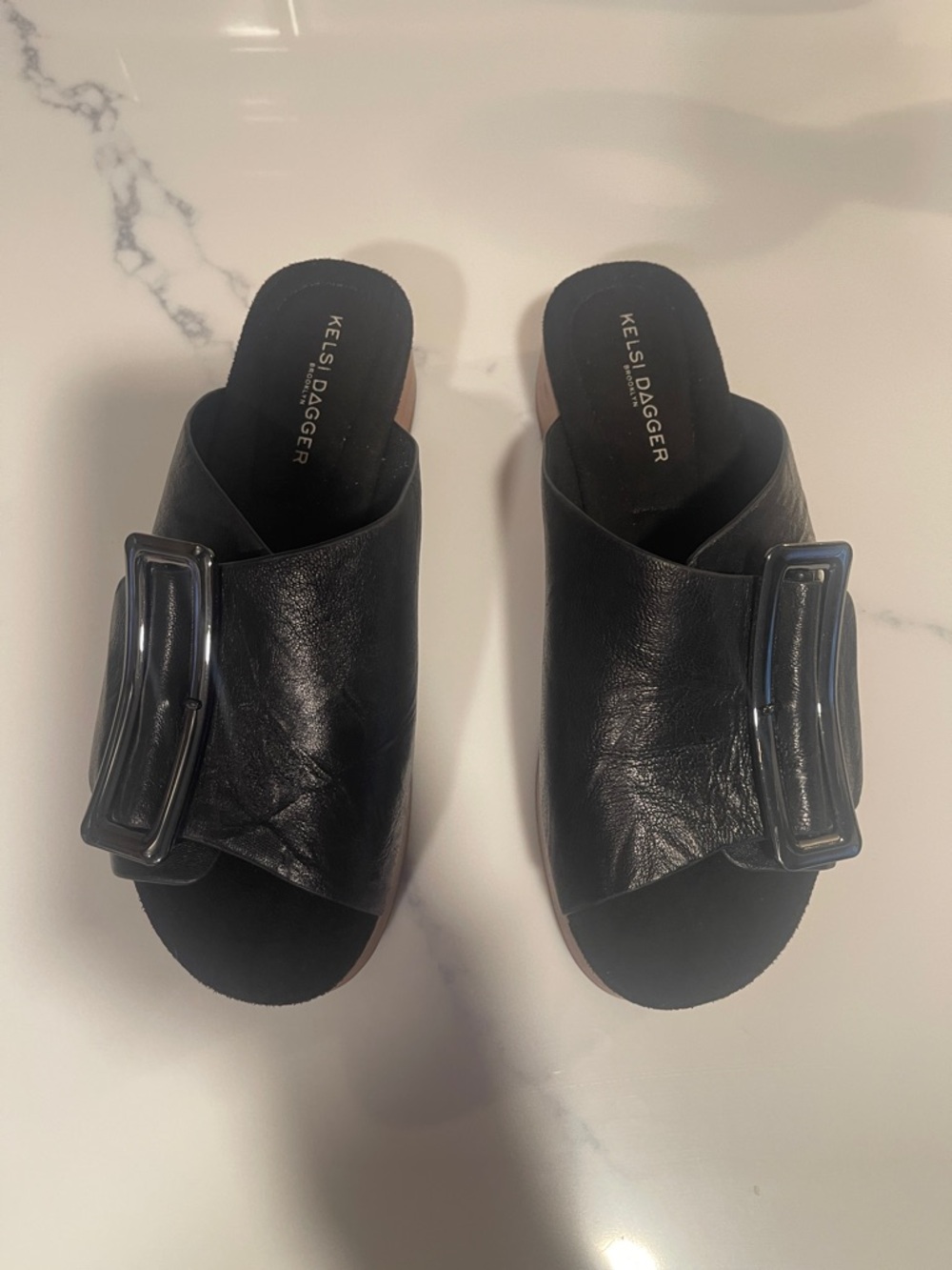 Kelsi Dagger Black Leather Platform Slide Sandals with Wood-Tone Sole - Picture 2 of 6